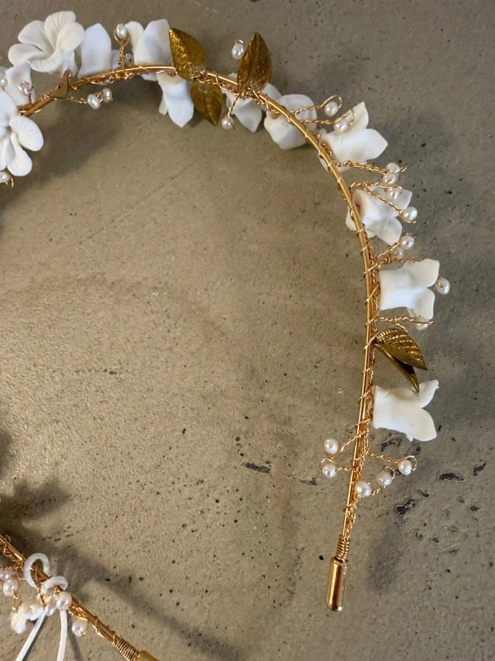 SEREFINA Enamel Gold and Pearl Headband with Ivory flowers BHLDN